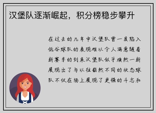 汉堡队逐渐崛起，积分榜稳步攀升
